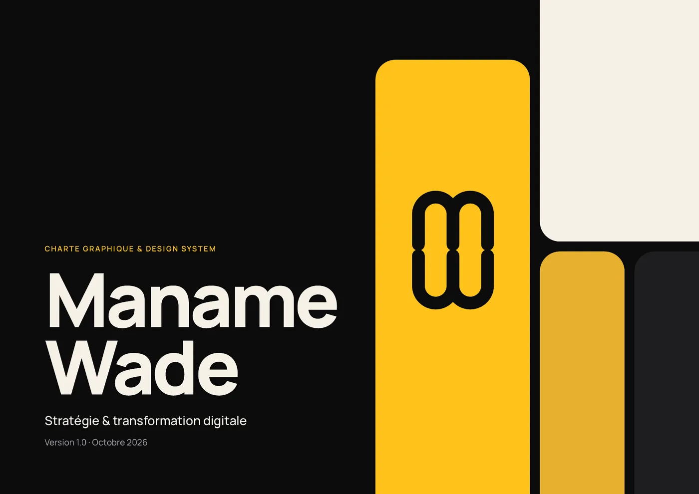 Couverture de la charte graphique Maname Wade : monogramme noir sur bande jaune