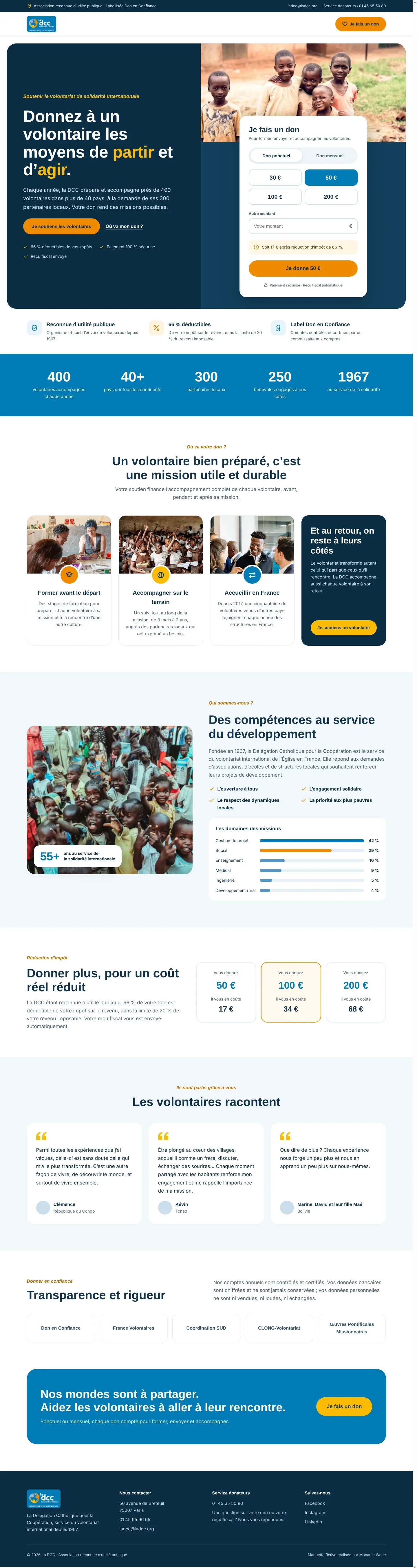 Maquette complète de la landing page de collecte DCC sur ordinateur, du hero au pied de page