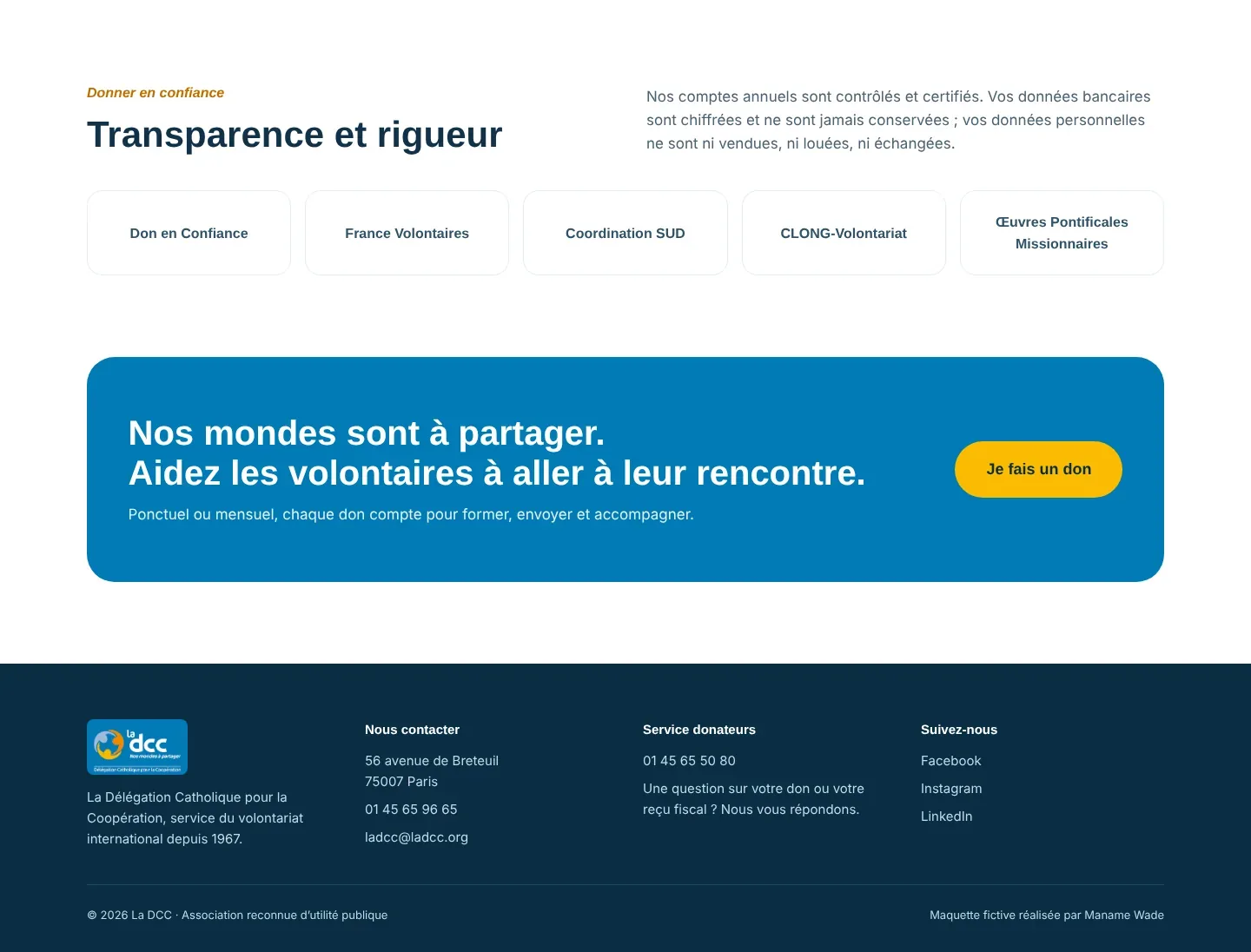 Maquette de la landing page DCC, transparence, appel final et pied de page (version ordinateur)