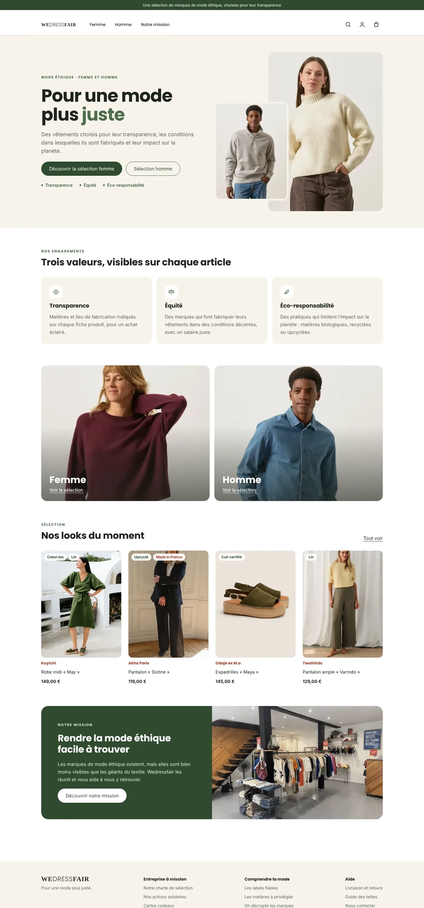 Maquette de la page d’accueil de Wedressfair : « Pour une mode plus juste »