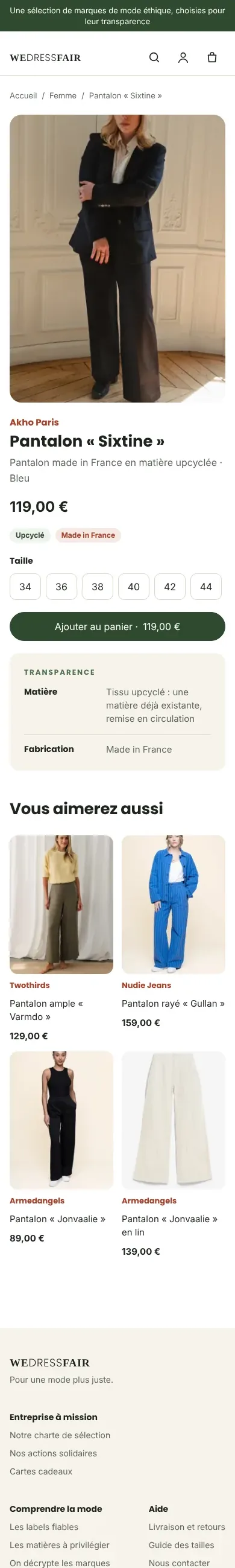Maquette Wedressfair, fiche produit du pantalon Sixtine (version mobile)