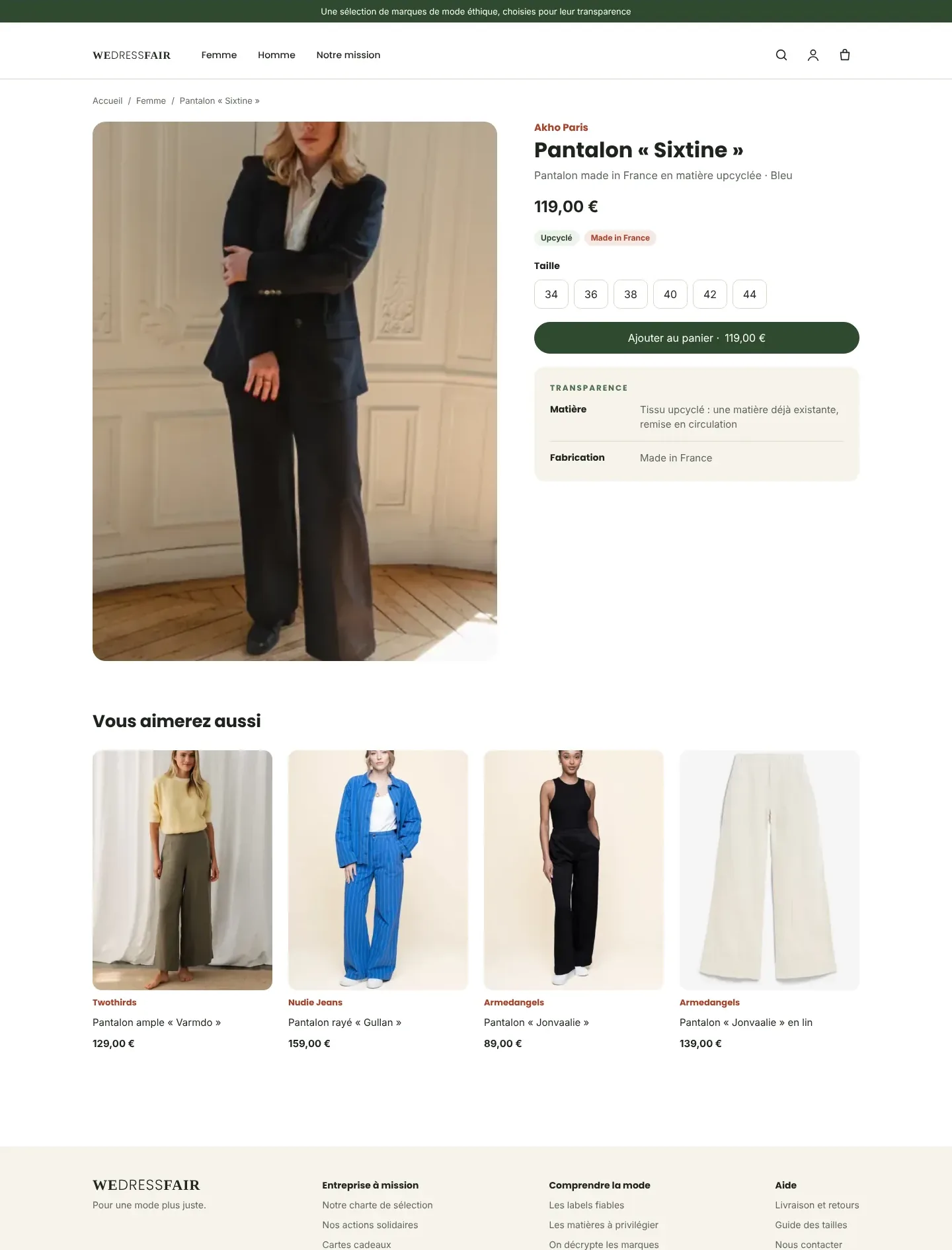 Maquette Wedressfair, fiche produit du pantalon Sixtine (version ordinateur)