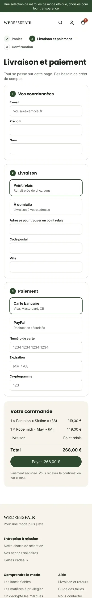 Maquette Wedressfair, page livraison et paiement (version mobile)