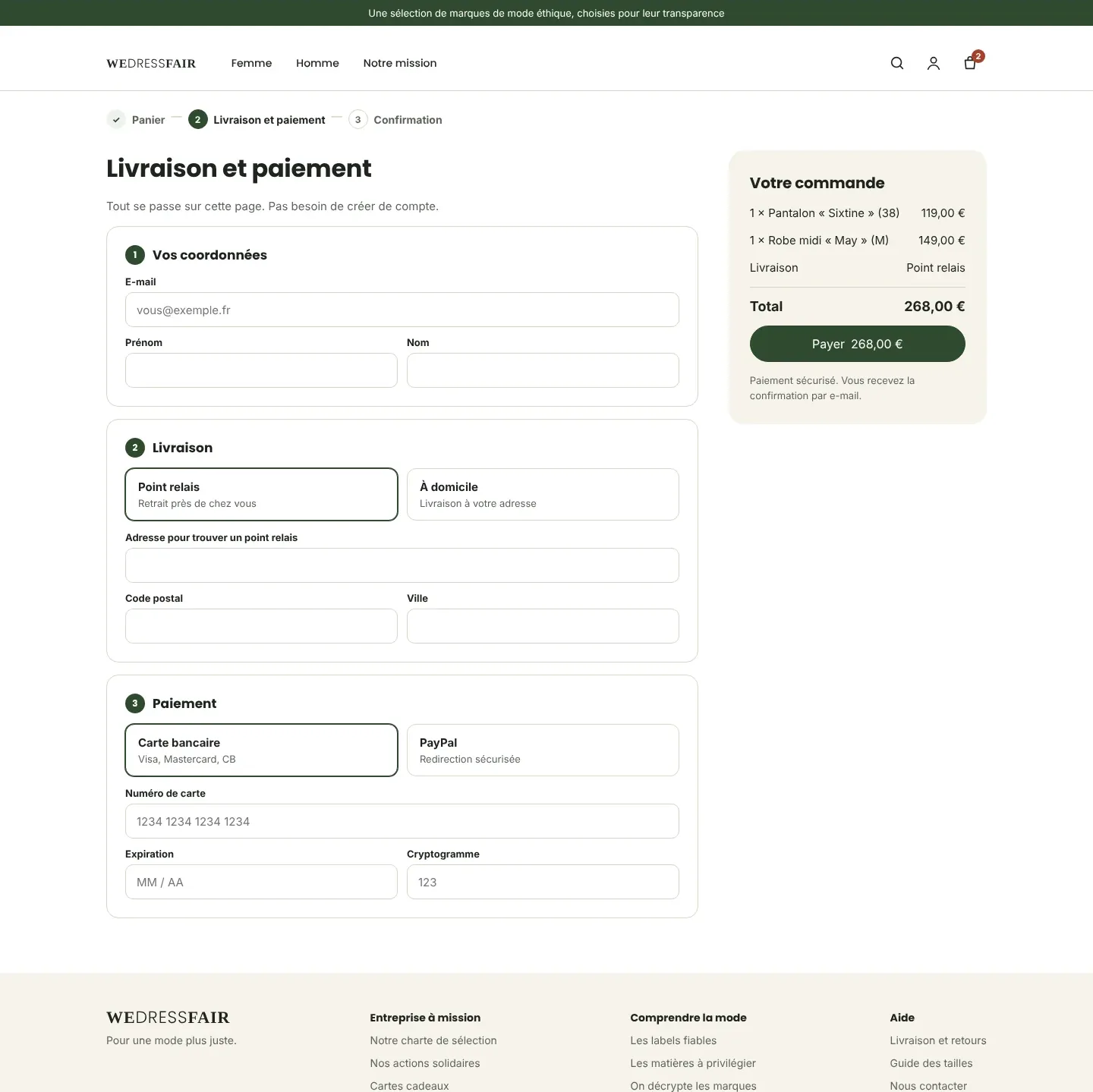 Maquette Wedressfair, page livraison et paiement (version ordinateur)