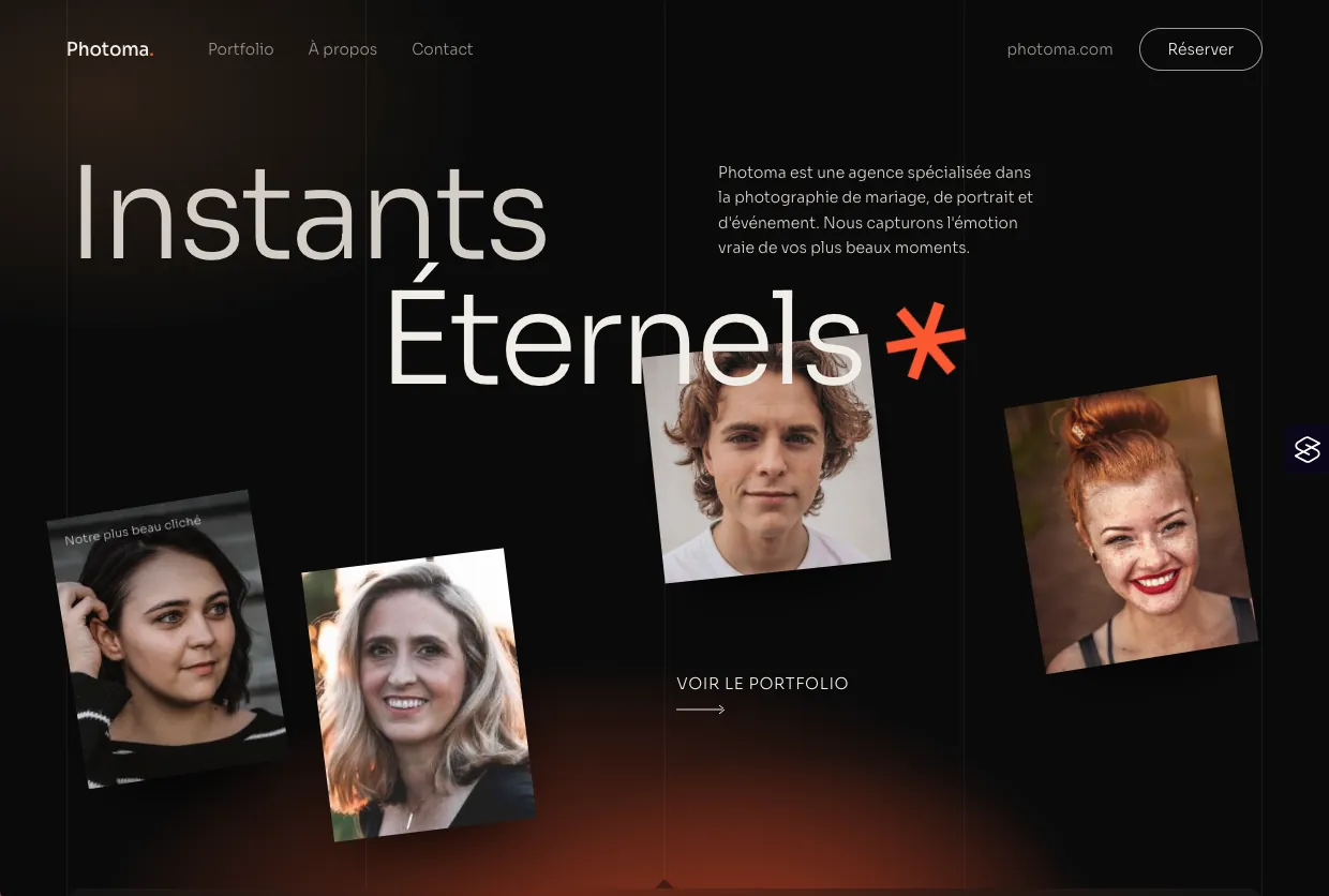 Page d’accueil du site Photoma : titre « Instants Éternels » et portraits photo inclinés sur fond sombre