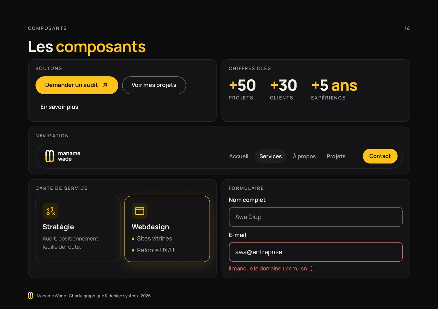 Page Les composants : boutons, chiffres, navigation, cartes, formulaire