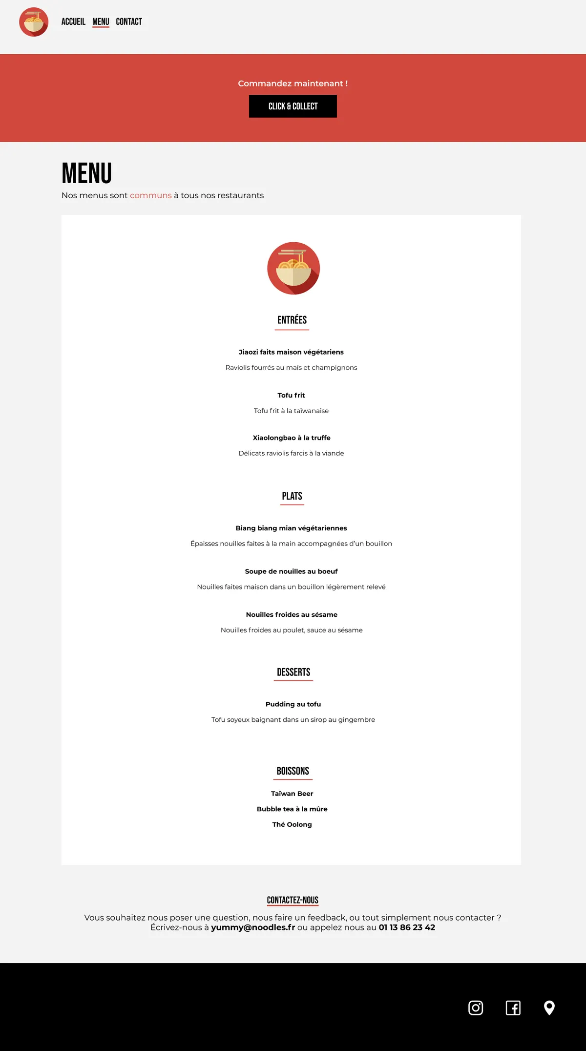 Page Menu desktop : entrées, plats, desserts et boissons