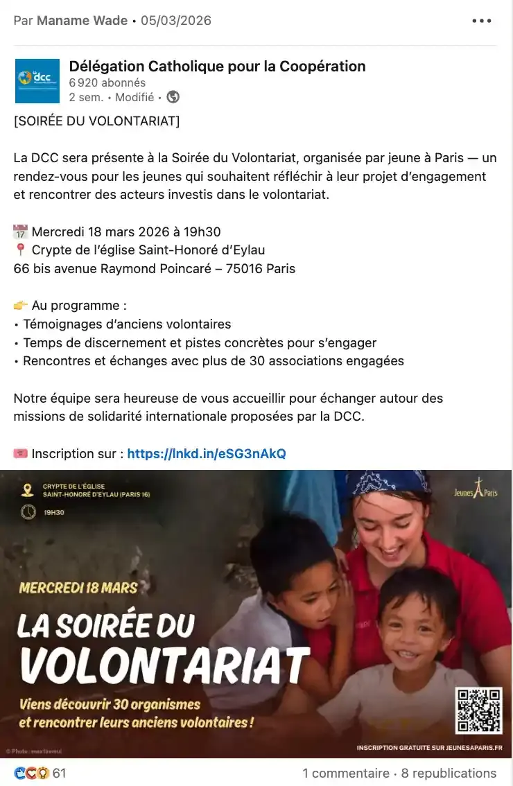 Post LinkedIn de la DCC annonçant la Soirée du volontariat