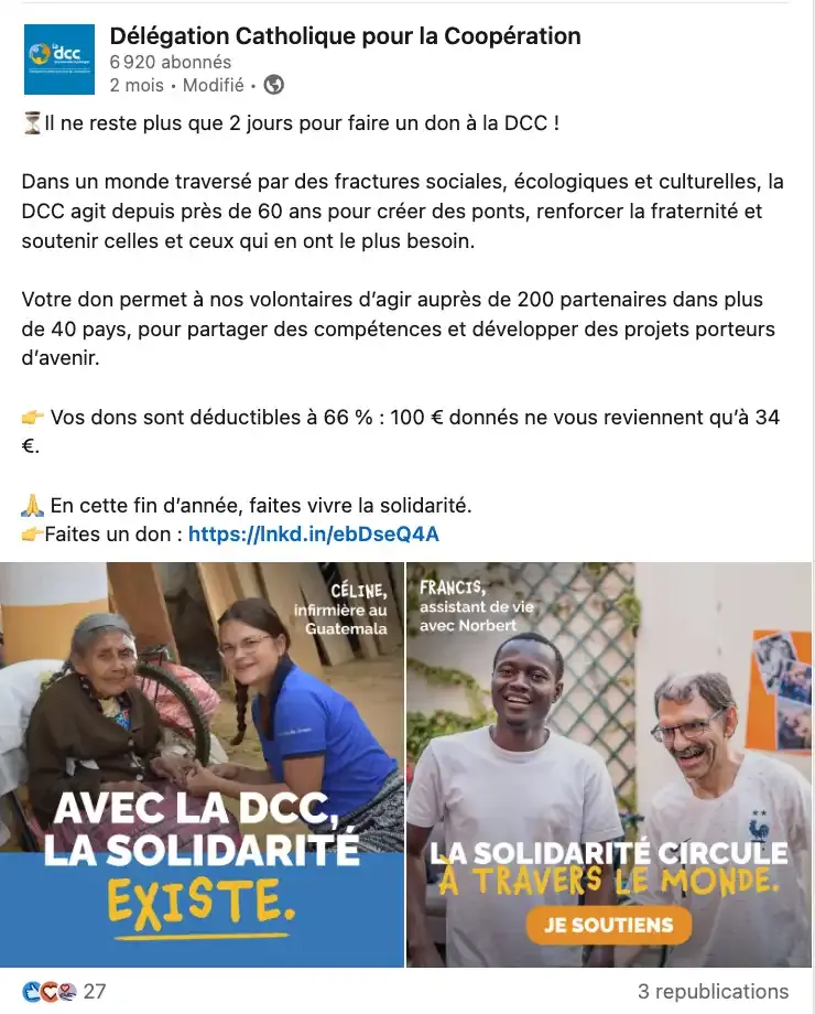 Post LinkedIn de la DCC pour l’appel aux dons de fin d’année