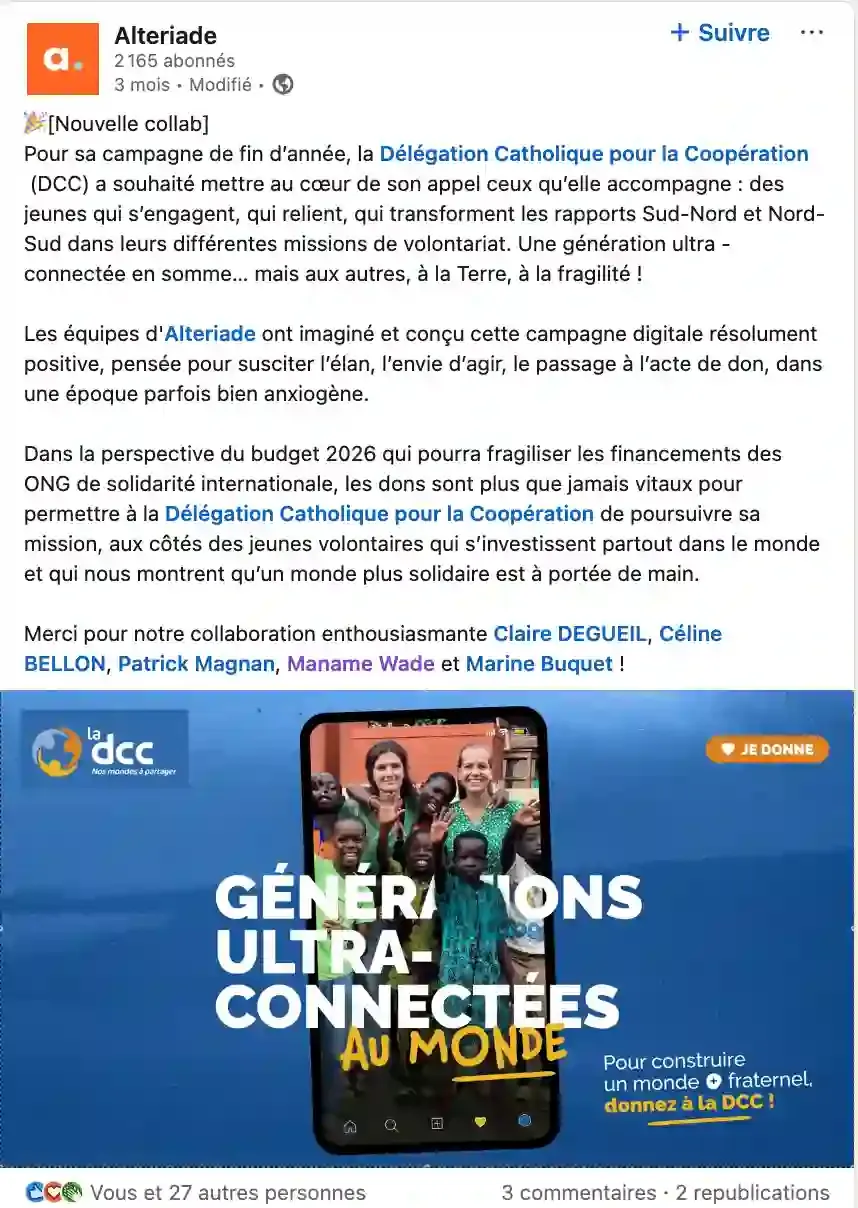 Post LinkedIn de l’agence Alteriade annonçant la campagne « Générations ultra-connectées » de la DCC et remerciant l’équipe, dont Maname Wade