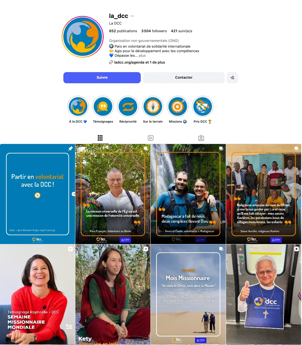 Profil Instagram de la DCC en octobre 2026 : 3 504 abonnés, grille cohérente aux templates bleu et orange