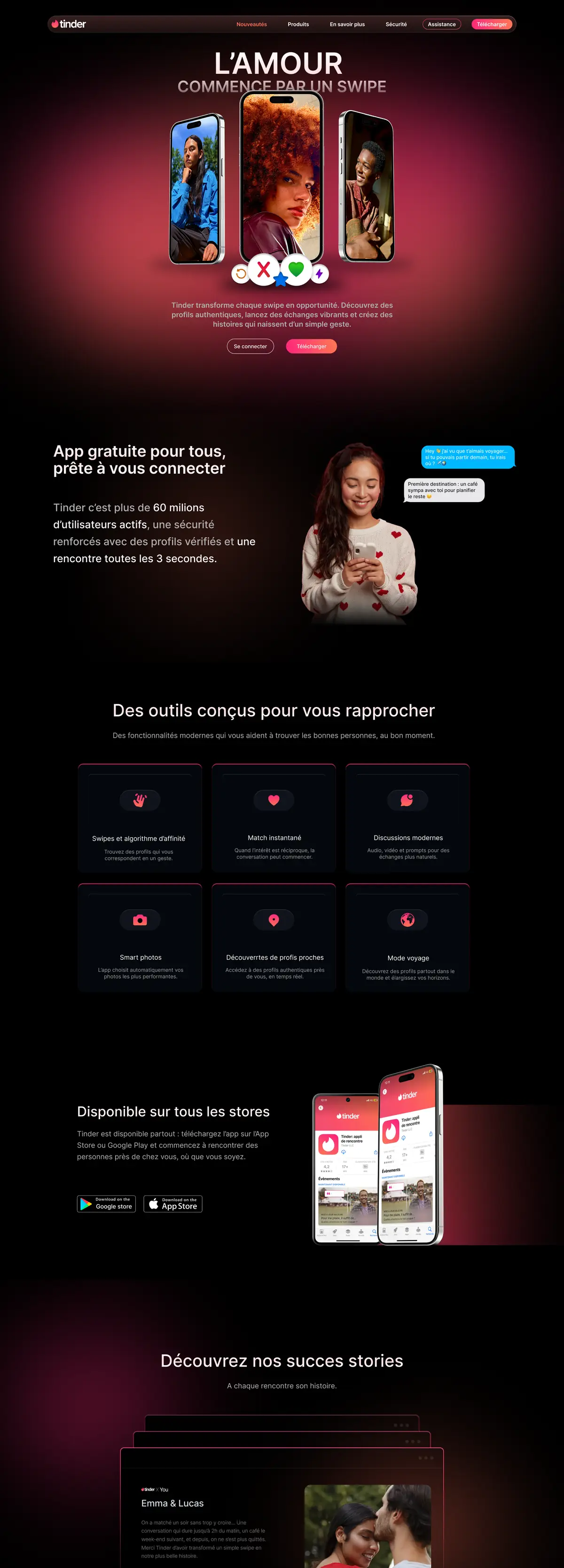 Refonte du site Tinder : hero « L’amour commence par un swipe »
