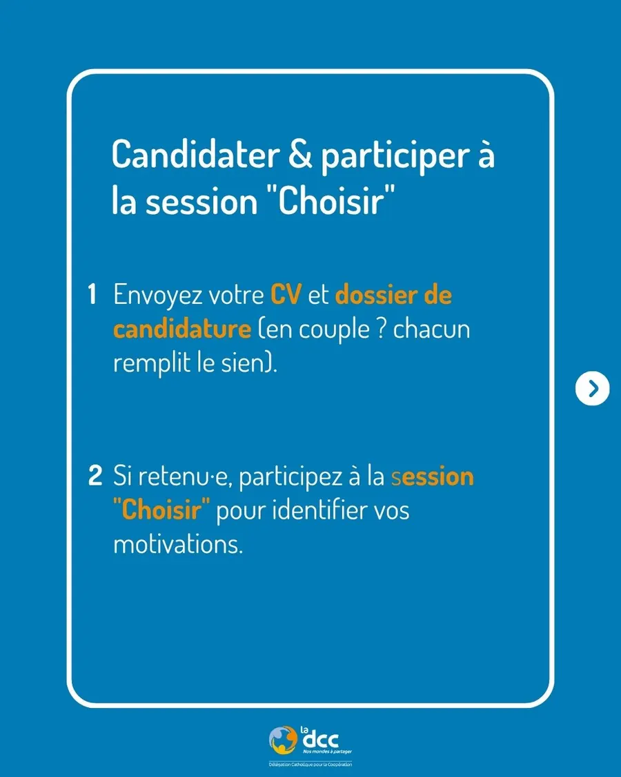 Slide de carrousel DCC : « Candidater et participer à la session Choisir », en deux étapes numérotées sur fond bleu